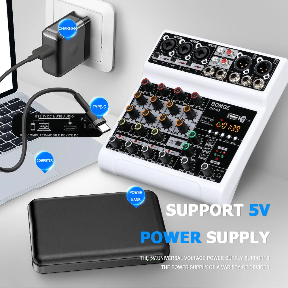 BOMGE 5 Channel Mixer with 3 Mic Line Input 48V Stereo Bluetooth MP3 PC U Dish Recording for Studio with Headphone Monitoring
