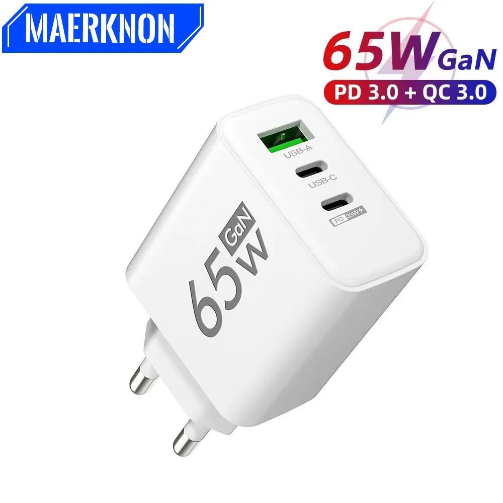 65W GaN-laddare med 3 Portar – USB-C PD och QC 3.0, Kompatibel med iPhone, Samsung och Xiaomi