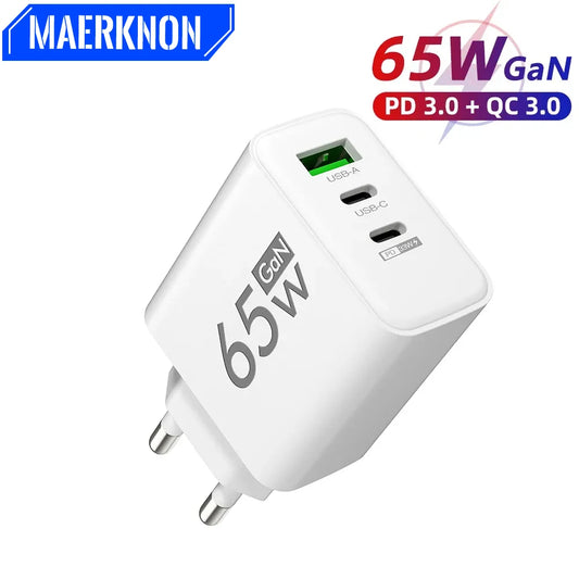 65W GaN-laddare med 3 Portar – USB-C PD och QC 3.0, Kompatibel med iPhone, Samsung och Xiaomi