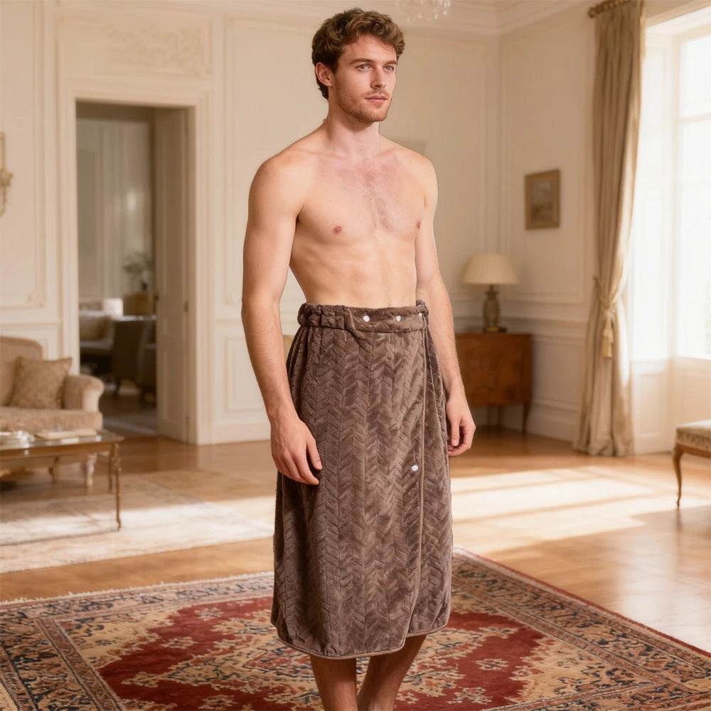 Men's Bath Skirt - Quick-Dry Spa Wrap with Adjustable Waist, Super Soft Coral Fleece Showerrobe, Highly Absorbent Post