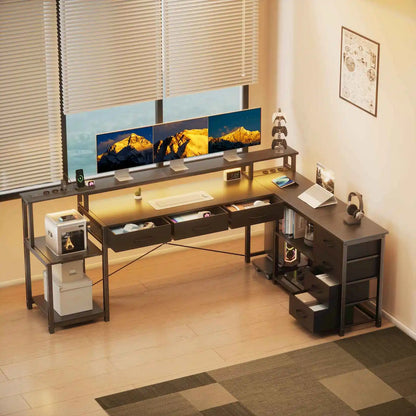 Desk, square table with drawers, sockets and USB ports, monitor stand and LED lighting included, black.