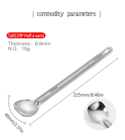Tiartisan Titaniumsked & Spork – Ultralättviktig 15g, Långt Handtag, Frostad/Polerad, Camping