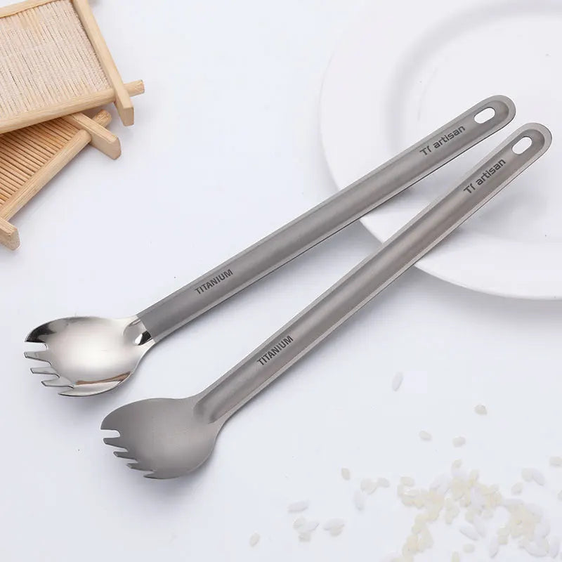 Tiartisan Titaniumsked & Spork – Ultralättviktig 15g, Långt Handtag, Frostad/Polerad, Camping