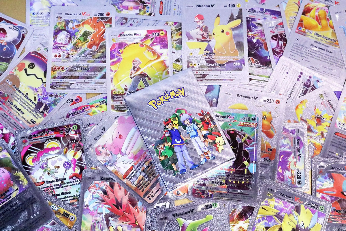 •55 pcs Pokemon Metal Gold Black Vmax GX Card Box Mewtwo Charizard Pikachu Rare Collection Battle Trainer Children Toys Gift