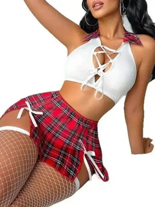 Sexy Schoolgirl Costume Sets White Lace Up Crop Top Red Plaid Mini Skirt With Bowknot Pure Desire Charming Skirt Sets Sweet 3KHF