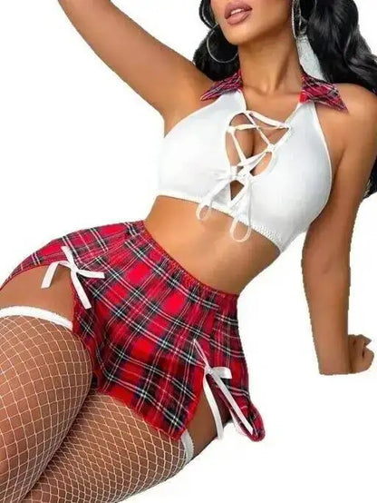 Sexy Schoolgirl Costume Sets White Lace Up Crop Top Red Plaid Mini Skirt With Bowknot Pure Desire Charming Skirt Sets Sweet 3KHF