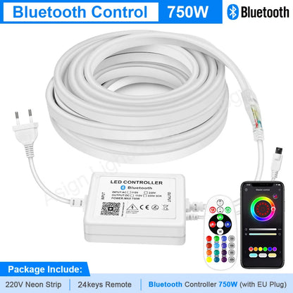 220 V RGB LED-neonlist IP65 med fjärrkontroll, Bluetooth eller Tuya WiFi, 1–100 m