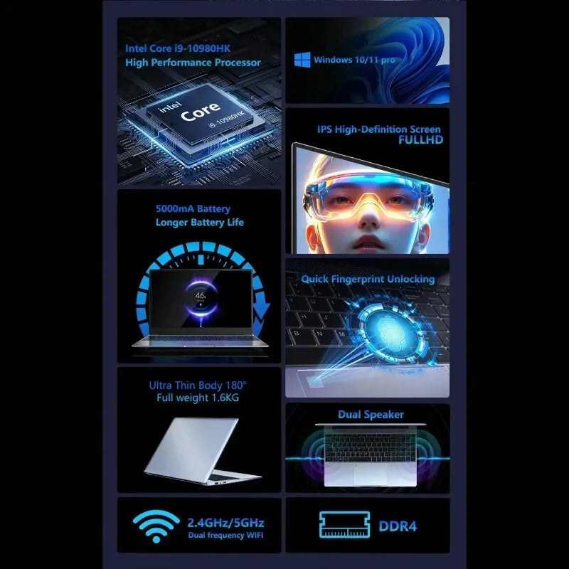 PC Notebook 15.6" Laptop Intel Core i9 10980HK 32GB RAM 2TB SSD Office Gamer Laptops Fingerprint UnIock Windows 11 Pro