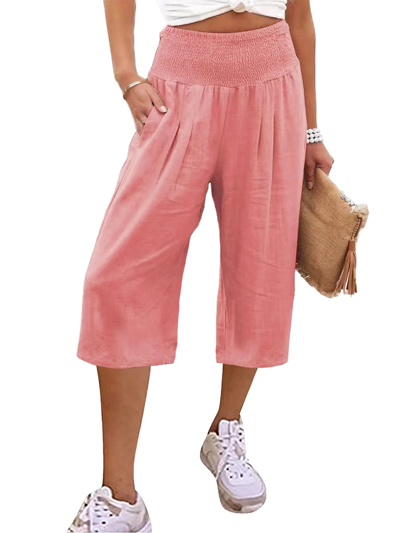 Summer 2024 Amazon Eurn women's cross-border cotton hemp seven waist pocket pocket pocket pocket wide leg pants woman