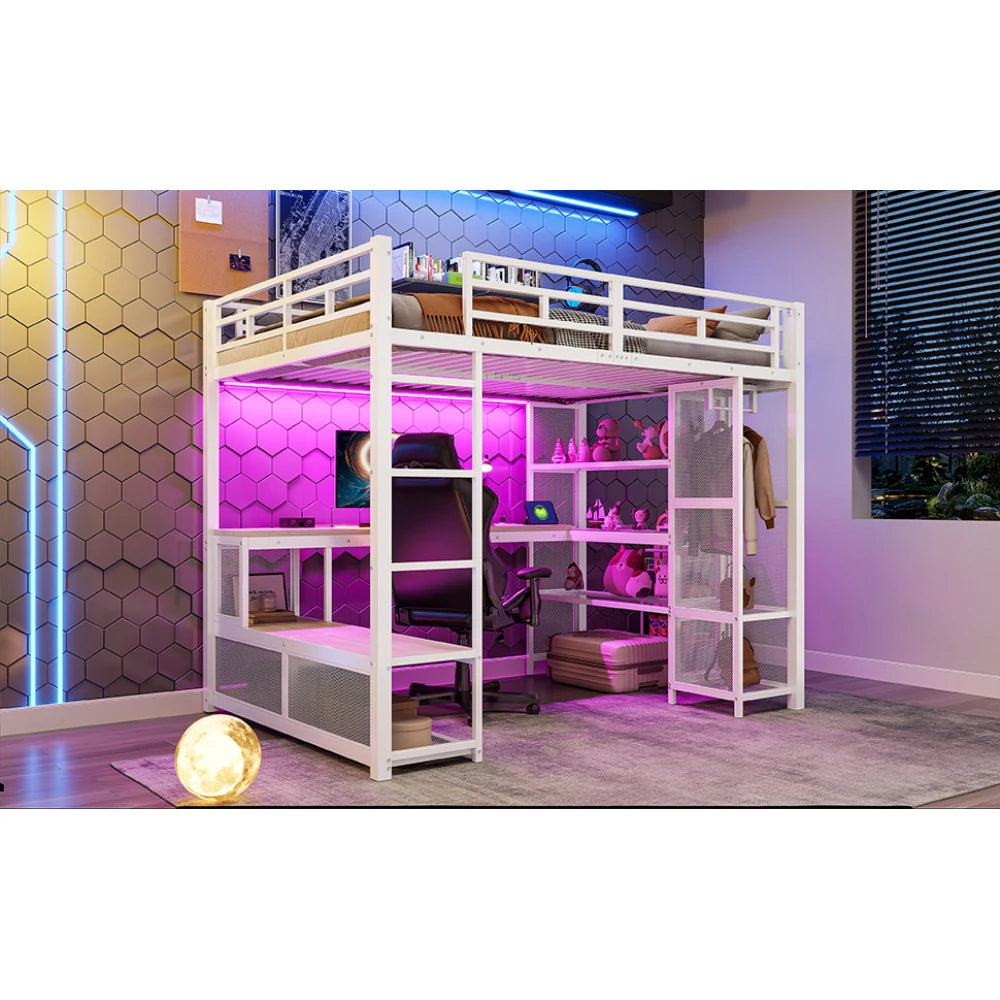 140x200cm Metal High Bed with Storage and Open Wardrobe, Kids Bedroom Bed with USB Connector and LED Lighting, Black/white