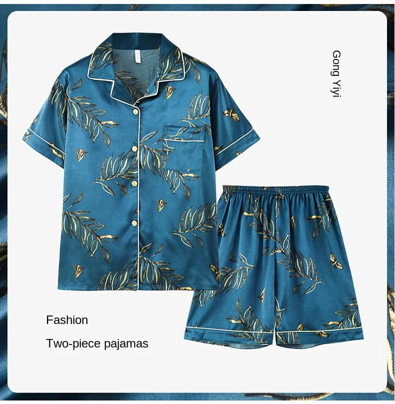 Fashion Summer Autumn 3 Piece Silk Men Pajamas Set Short Sleeve Shorts Oversize Homewear Lapel Collar Loungewear Pijamas for Man