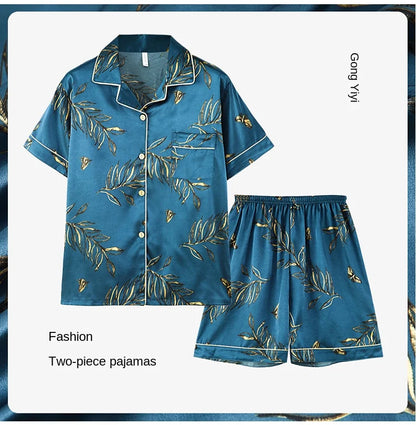 Fashion Summer Autumn 3 Piece Silk Men Pajamas Set Short Sleeve Shorts Oversize Homewear Lapel Collar Loungewear Pijamas for Man