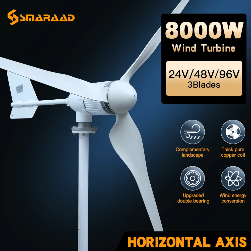 SMARAAD Horisontell Vindturbin 3kW/8kW – Låg Startvindhastighet Hybrid Sol+Vind Off-Grid Batterisystem 12–96V EU-lager Polen CE