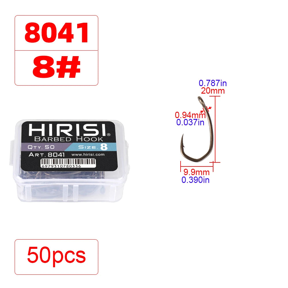 Hirisi 8041 50Pcs PTFE Coated Fish Hook High Carbon Stainless Steel Anti-Rust Sharp Point Barbed With Eye for Fishing Accessory