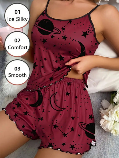 PAERLAN pyjamasset dam med linne och shorts – rött, modell 8877, XS–1XL