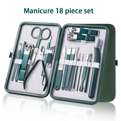 Green Stainless Steel Nail Clipper Sets 6-18 Pcs Manicure Set With Leather Case Professional Foot And Face Care Tool Kits