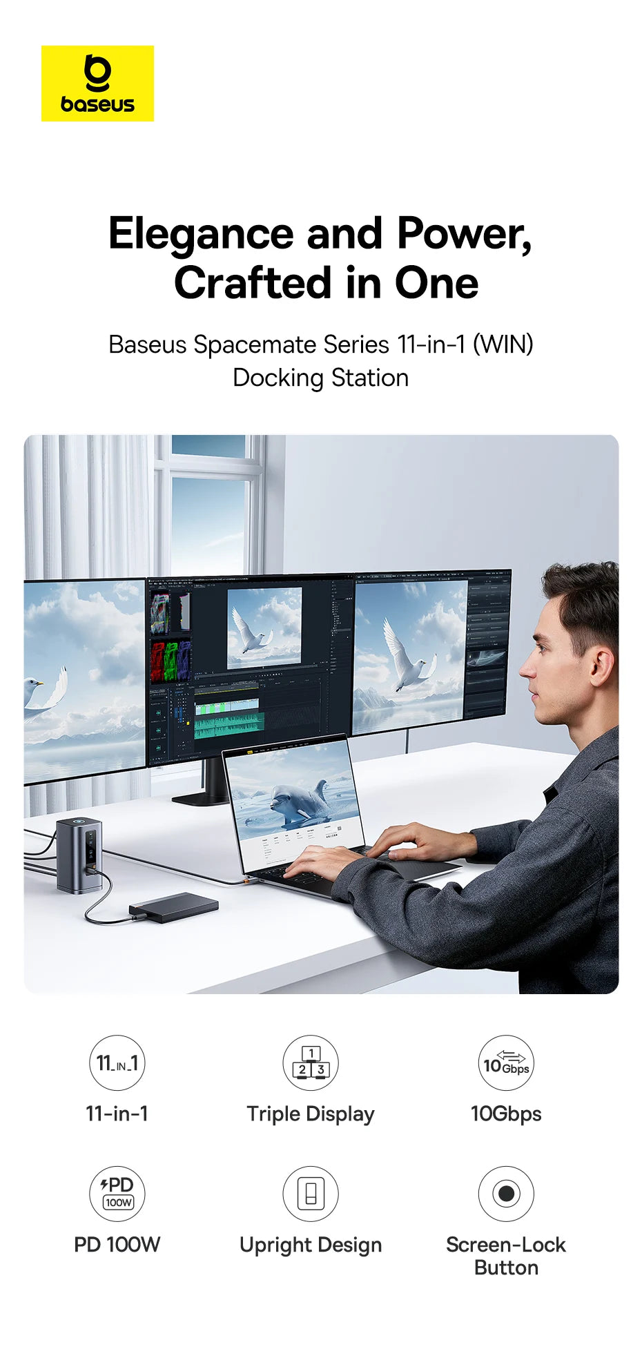 Baseus 11/12-i-1 USB-C-docka med flera skärmutgångar och PD