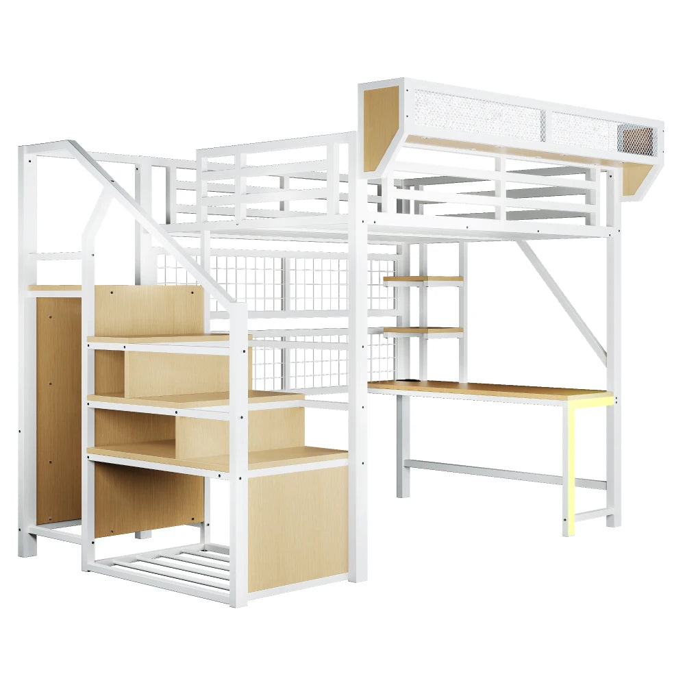 90×200cm & 140*200cm Metal High Bed, with Desk, Shelf and Storage Net, Complete with Safety Ladder, LED Lighting and Socket