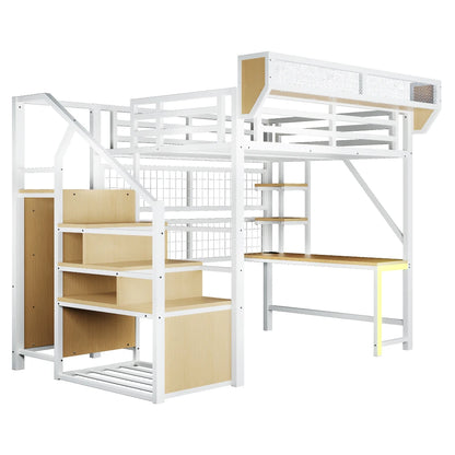 90×200cm & 140*200cm Metal High Bed, with Desk, Shelf and Storage Net, Complete with Safety Ladder, LED Lighting and Socket
