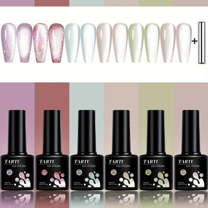TARTU 6pcs 8ml Cat Eye Gel Nail Polish Set, 6 Colors Gel Polish Kit, Soak Off for Uv/Led, for Salon and Nail Art DIY At Home