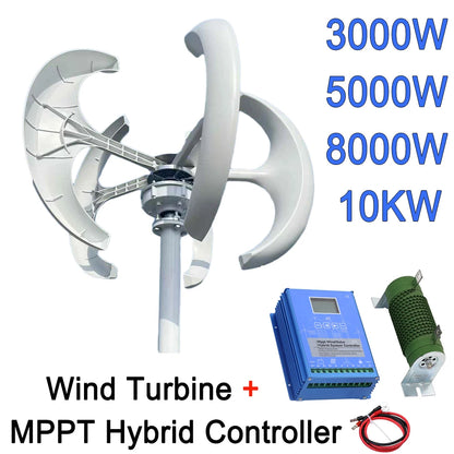 Vertikal Vindturbin 3kW/5kW/8kW/10kW Lykta-design 12V/24V/48V – Lågbullrig Tak MPPT eller Hybrid Sol+Vind, Röd/Vit