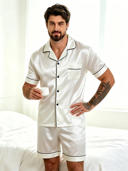 Pyjamasset herr med satinkänsla – kortärmad skjorta och shorts, S–XL