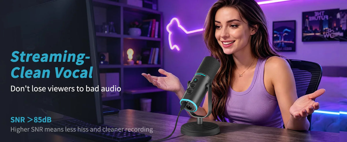 PUPGSIS Podcast Microphone Kit, USB/XLR Dynamic Vocal Mic, Streaming Mic with RGB Lights for PC/XLR Mixer, with Mute Button, Headphone Jack, Gain Knob, for Gaming Voice-Over Recording