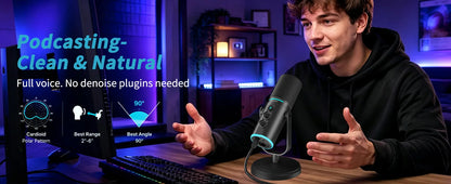 PUPGSIS Podcast Microphone Kit, USB/XLR Dynamic Vocal Mic, Streaming Mic with RGB Lights for PC/XLR Mixer, with Mute Button, Headphone Jack, Gain Knob, for Gaming Voice-Over Recording