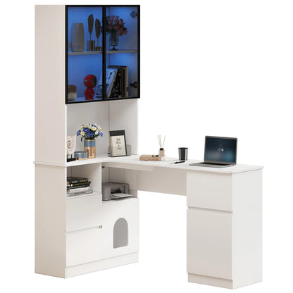 Corner Desk with Shelf and LED Display Cabinet, Desk with Cable Outlet, 3 Drawers, 2 Doors, Open Compartments, Built-in Bookcase