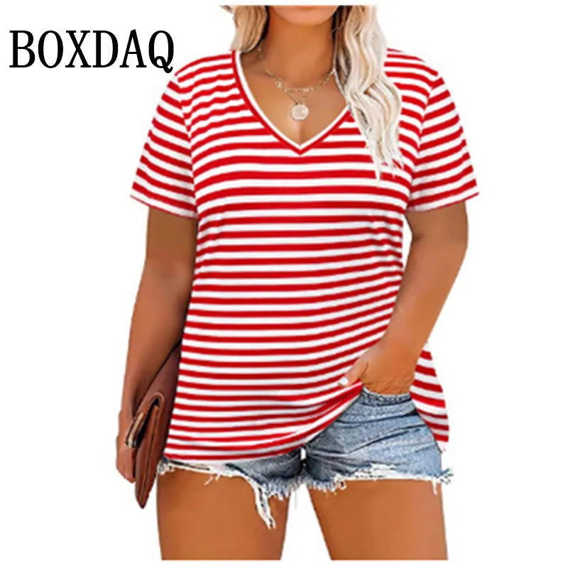 Summer Women Plus Size T Shirts Classic Black White Stripes V-Neck Short Sleeve Tunic Tops Loose Casual Women Tee Shirt 7XL 8XL
