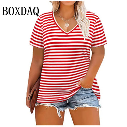 Summer Women Plus Size T Shirts Classic Black White Stripes V-Neck Short Sleeve Tunic Tops Loose Casual Women Tee Shirt 7XL 8XL