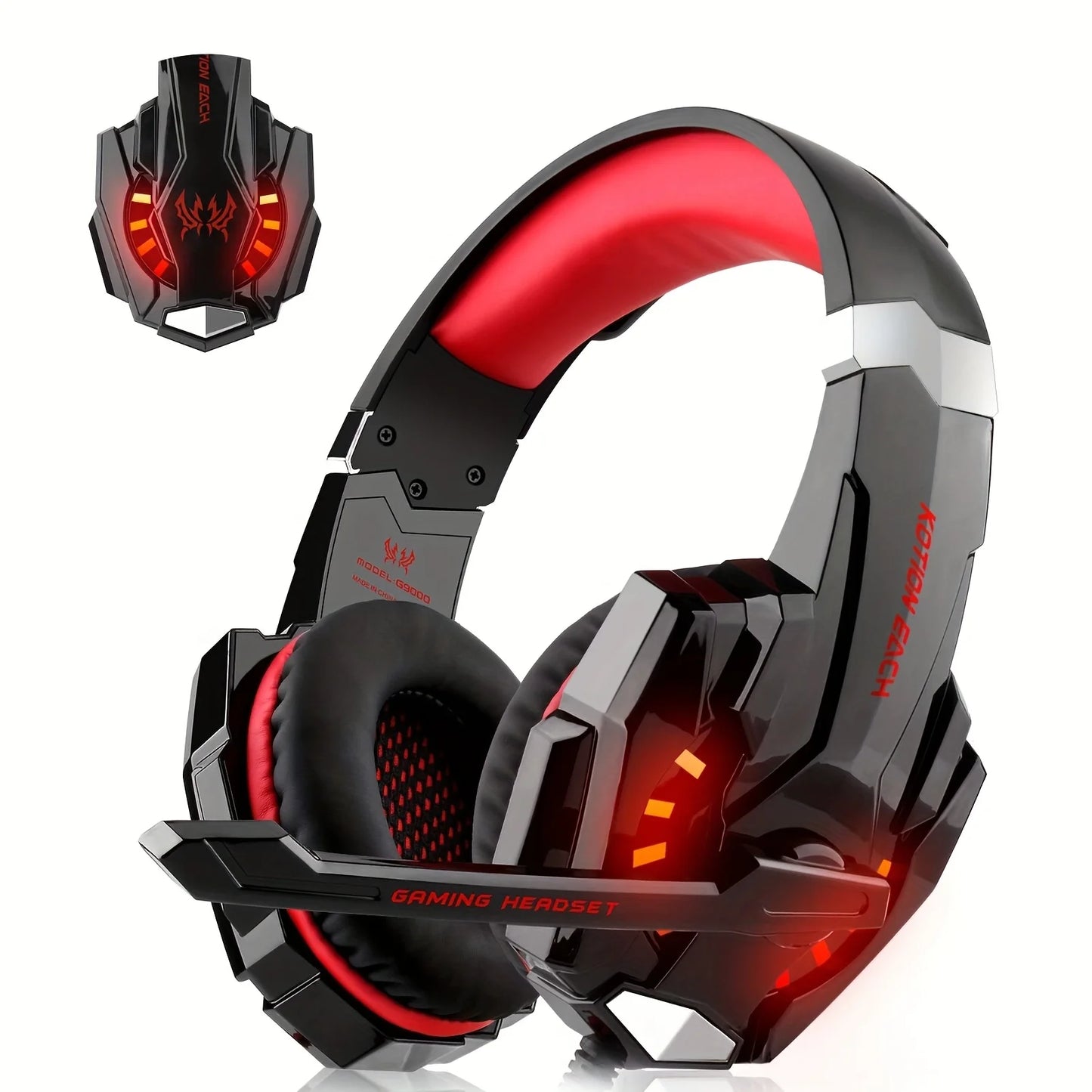 Gaming Headset G9000 Over-Ear – 3,5mm + USB LED-belysning Mikrofon Aktiv Brusreducering Stereo PC PS5 Blå Röd Vit Svart