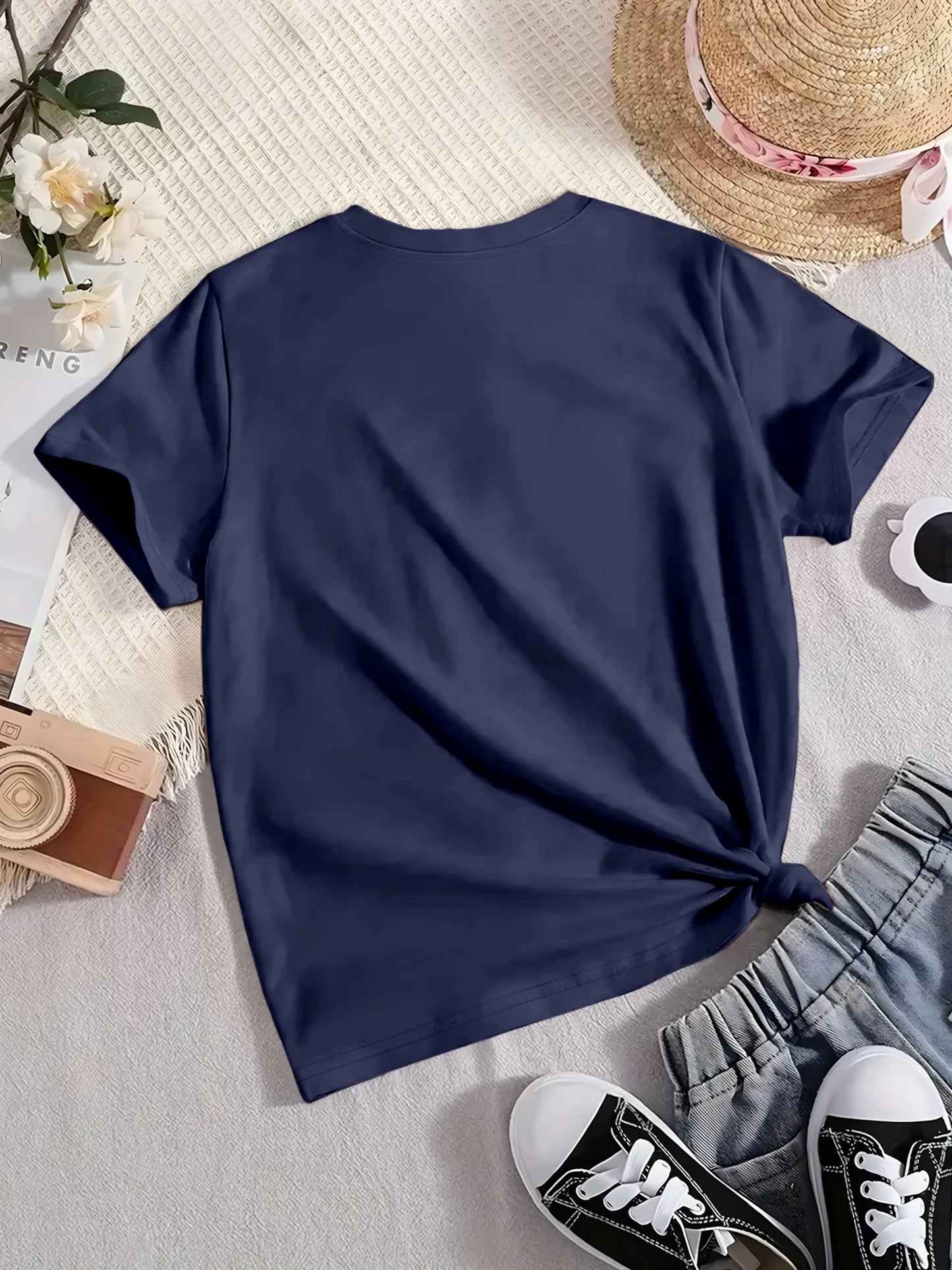 Women's Oversized V-Neck T-Shirt Solid Color Short-Sleeve Curved Hem Soft Fabric Black Gray Navy