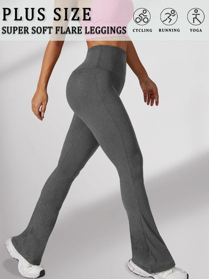 Plus Size Women's Super Soft High Waisted Flare Pants, Leggings Tummy Control Soft Bootleg Bell Bottoms Running