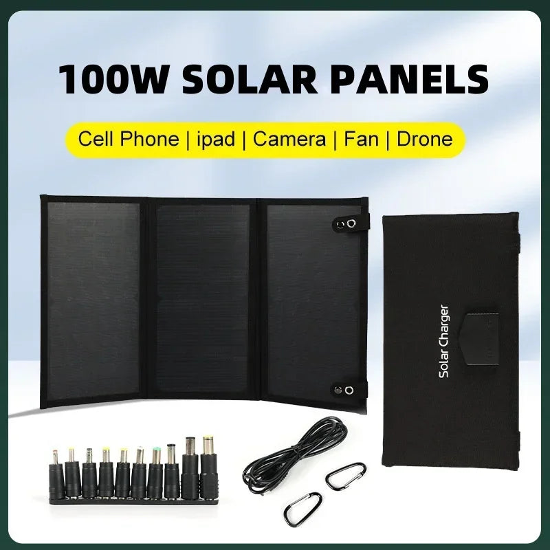 100W Folding Solar Panel 18V DC5521 Type-C USB Photovoltaic Charger Outdoor Mobile Phone Tablet Fast Charging Mobile Power Bank