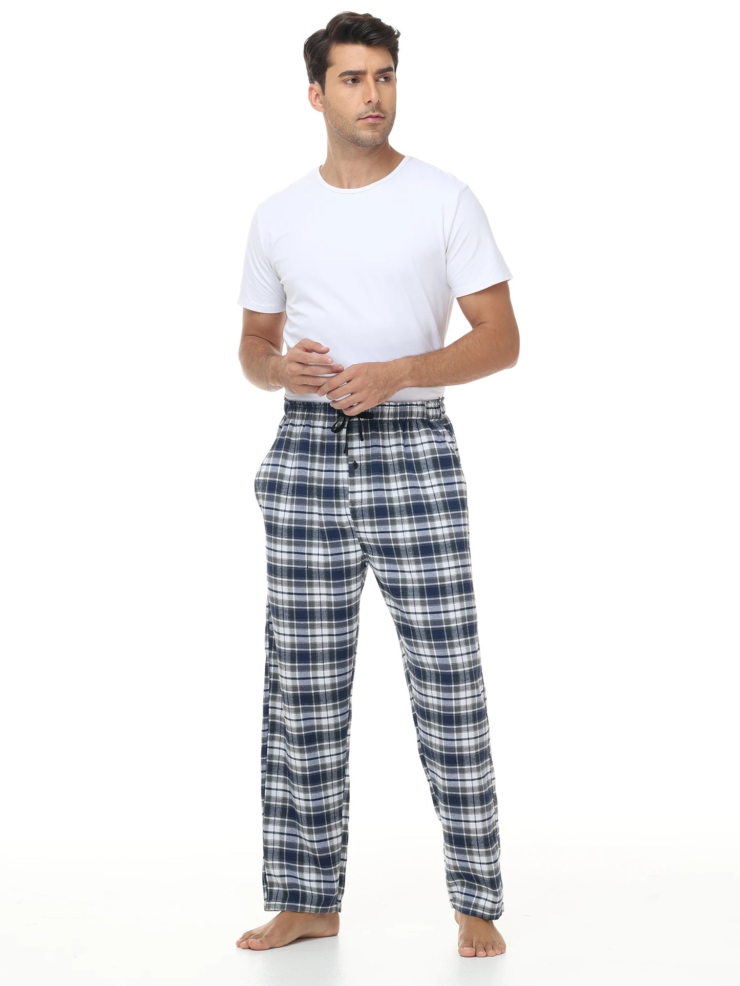 Men's 3Pcs Pajama Sleeping Pants Cotton Plaid Pjs, Long Plaid Print Sleepwear Pajama Pants with Elastic Waist Homewear