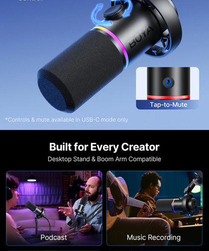 BOYA CastMic S60 USB/XLR Dynamic Microphone with RGB for Gaming, Streaming, Podcasts Studio Grade 4 in 1 Support Phone PC Laptop