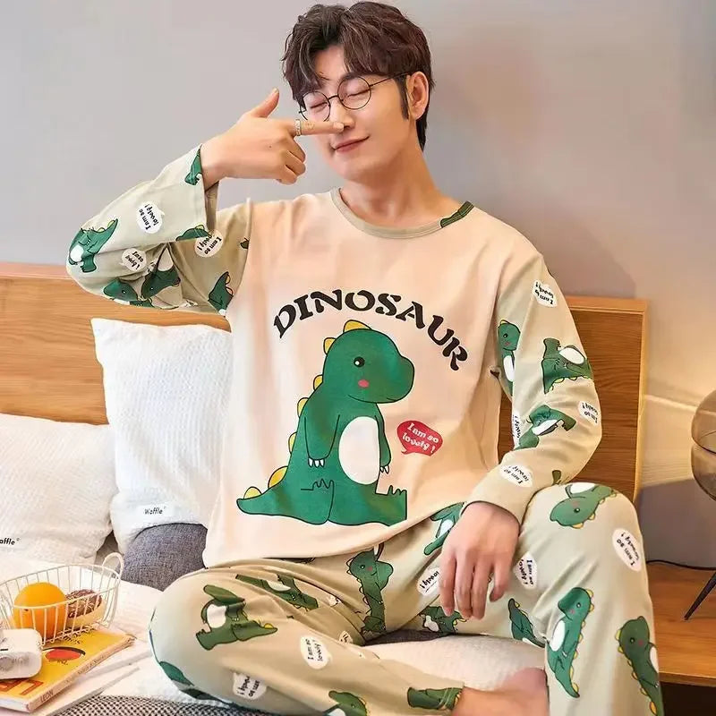 Herr Pyjamas Set Vår & Höst – Långärmad O-ringning & Rutiga Byxor Tunn, 5 Färger L–4XL
