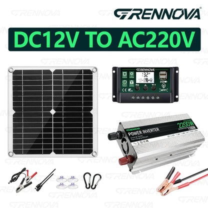 Grennova Solar System Kit with 30W Panel 60A Controller Inverter 2200W Peak (1100W Rated) 12V To 220V 110V for Home Off-Grid RV