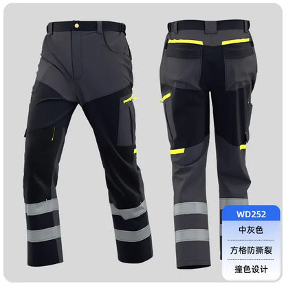 Spring Autumn Multi Pocket Men's Work Pants Wear Resistant Workshop Factory Construction Workers Clothes Reflective Strip Pants