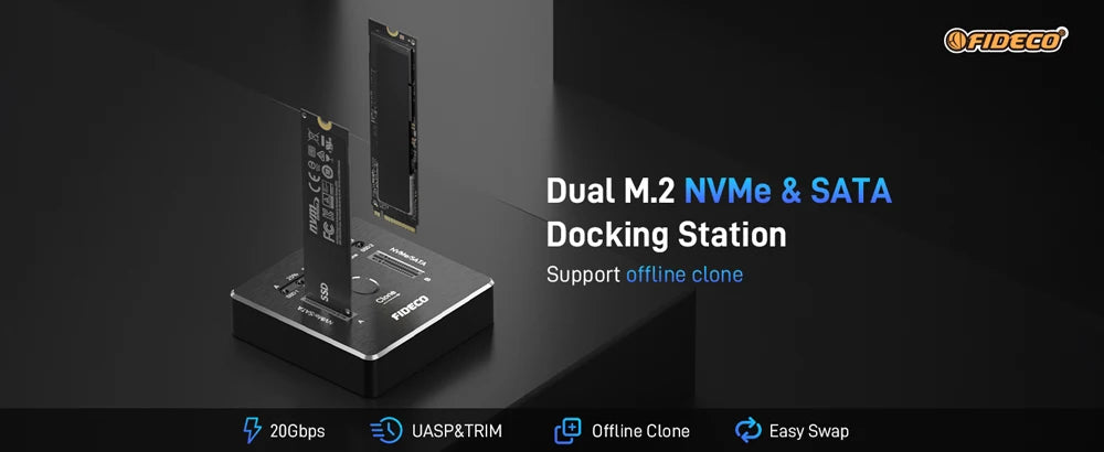 FIDECO NVMe SSD Enclosure 20Gbps Dual-Bay M.2 NVME SATA SSD Case Type-C Hdd Docking Station Supports Offline Clone for M.2 Case