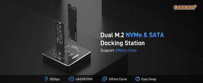 FIDECO NVMe SSD Enclosure 20Gbps Dual-Bay M.2 NVME SATA SSD Case Type-C Hdd Docking Station Supports Offline Clone for M.2 Case