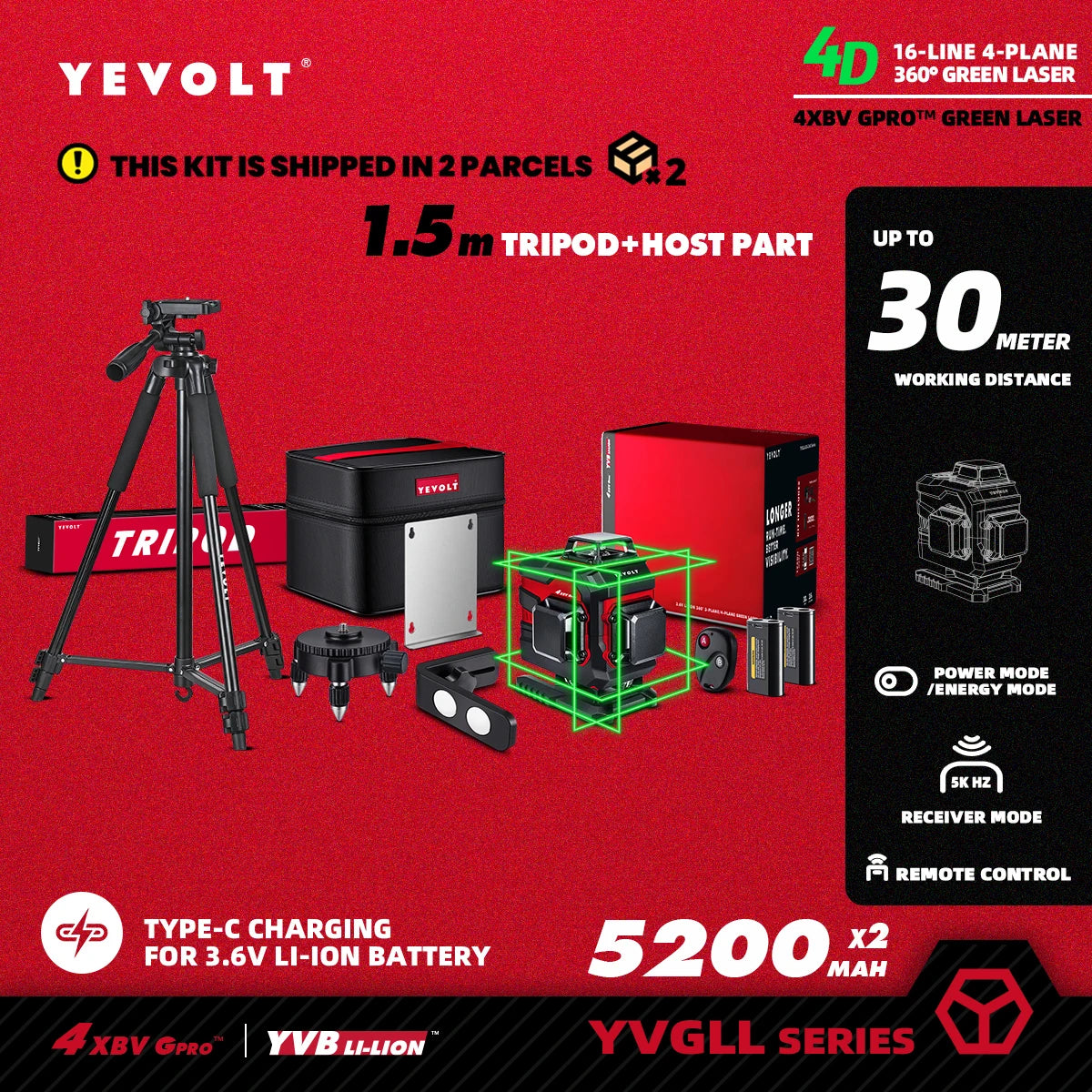 YEVOLT YVGLL4XS16 Grön Lasernivå – 4 Plan, 16 Linjer, Självnivellerande 360° 3D