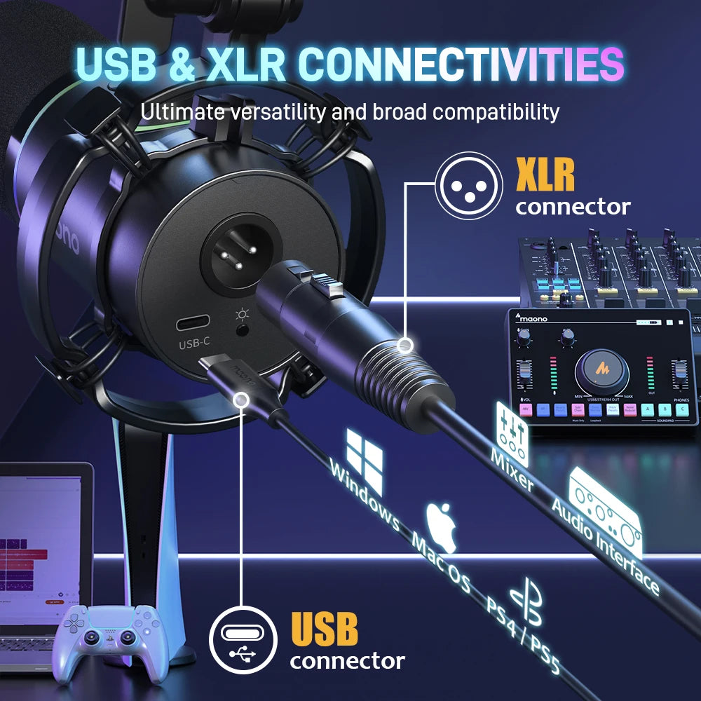 MAONO PD200X XLR/USB Dynamic Microphone for Gaming Recording Streaming Youtube Metal Mic with Software Tap-to-Mute Gain Knob