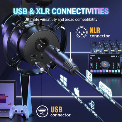 MAONO PD200X XLR/USB Dynamic Microphone for Gaming Recording Streaming Youtube Metal Mic with Software Tap-to-Mute Gain Knob