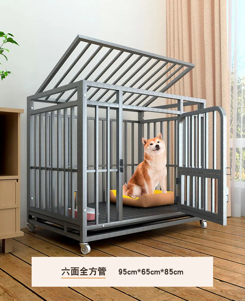 Heavy Duty Square Tube Dog Cage for Medium Large Dogs Indoor Metal Kennel with Toilet Tray Foldable Iron Pet Crate Furniture