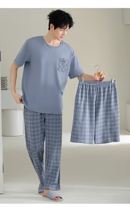Antibacterial Cotton Pajamas for Men Summer Short Sleeve Shorts Long Pant Three-Piece Set Simple Solid Color Loose Homewear