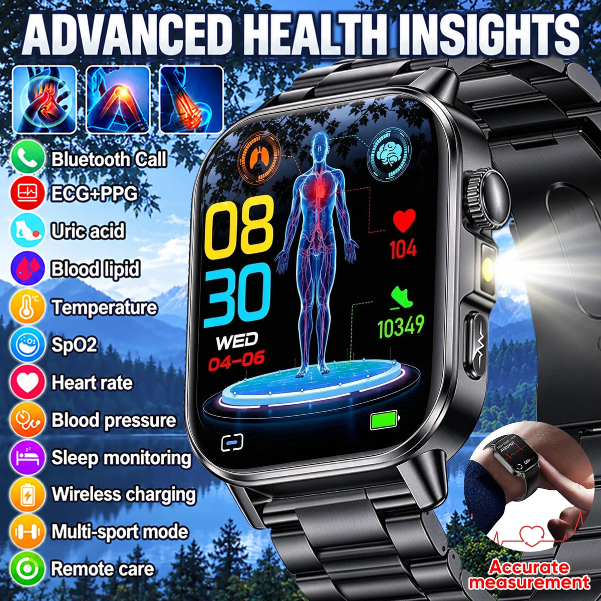 2026 ECG+PPG Daily Health Smart Watch Men Blood Fat Uric Acid Heart Rate Blood Oxygen Bluetooth Call Wellness Tracker Smartwatch
