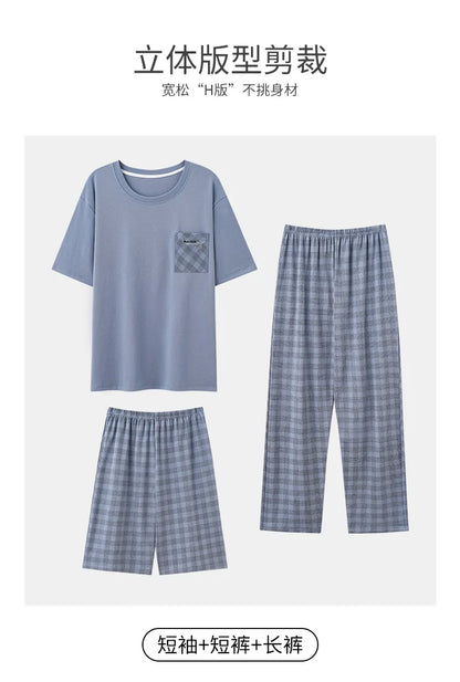 Antibacterial Cotton Pajamas for Men Summer Short Sleeve Shorts Long Pant Three-Piece Set Simple Solid Color Loose Homewear
