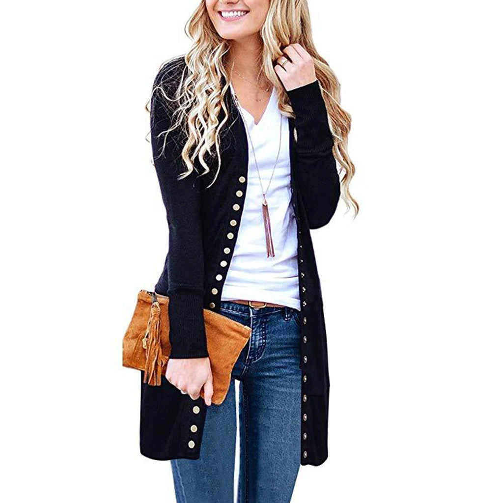Dam Lång Stickad Kofta med Fickor – Långärm Knapp Enfargad Casual Vår/Höst, Svart S–XXL